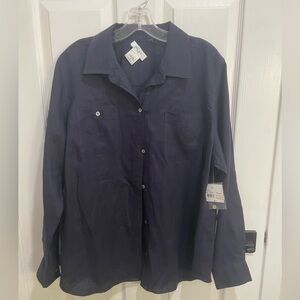 NWT Kate hill 100% linen long sleeve navy top 1X